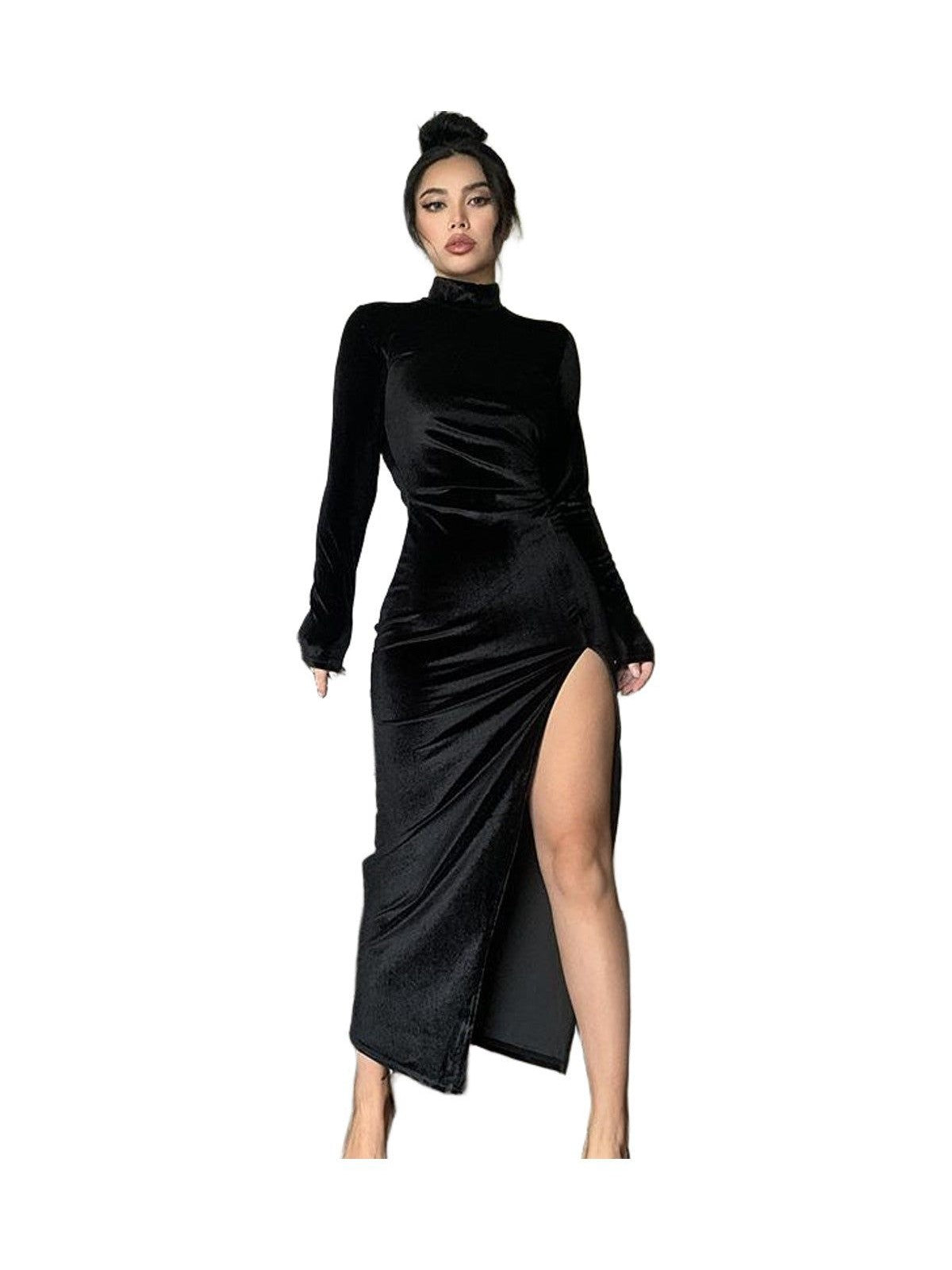 High Neck Long Velvet Dress Slim Slit