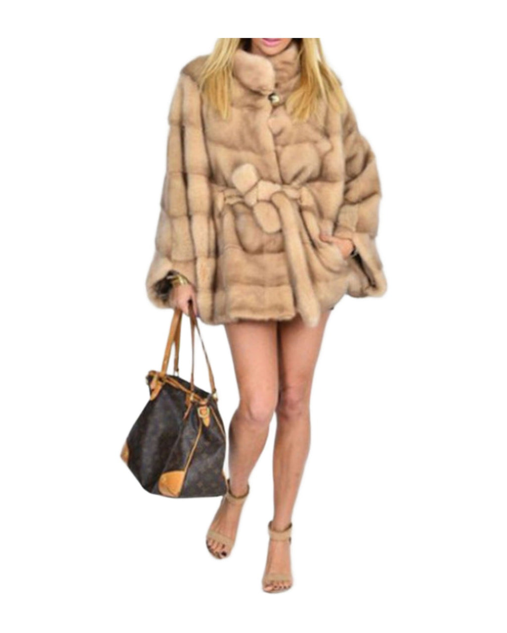 Solid Faux Fur Jacket Stand Collar Loose Belt photo 1