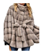 Solid Faux Fur Jacket Stand Collar Loose Belt photo 2