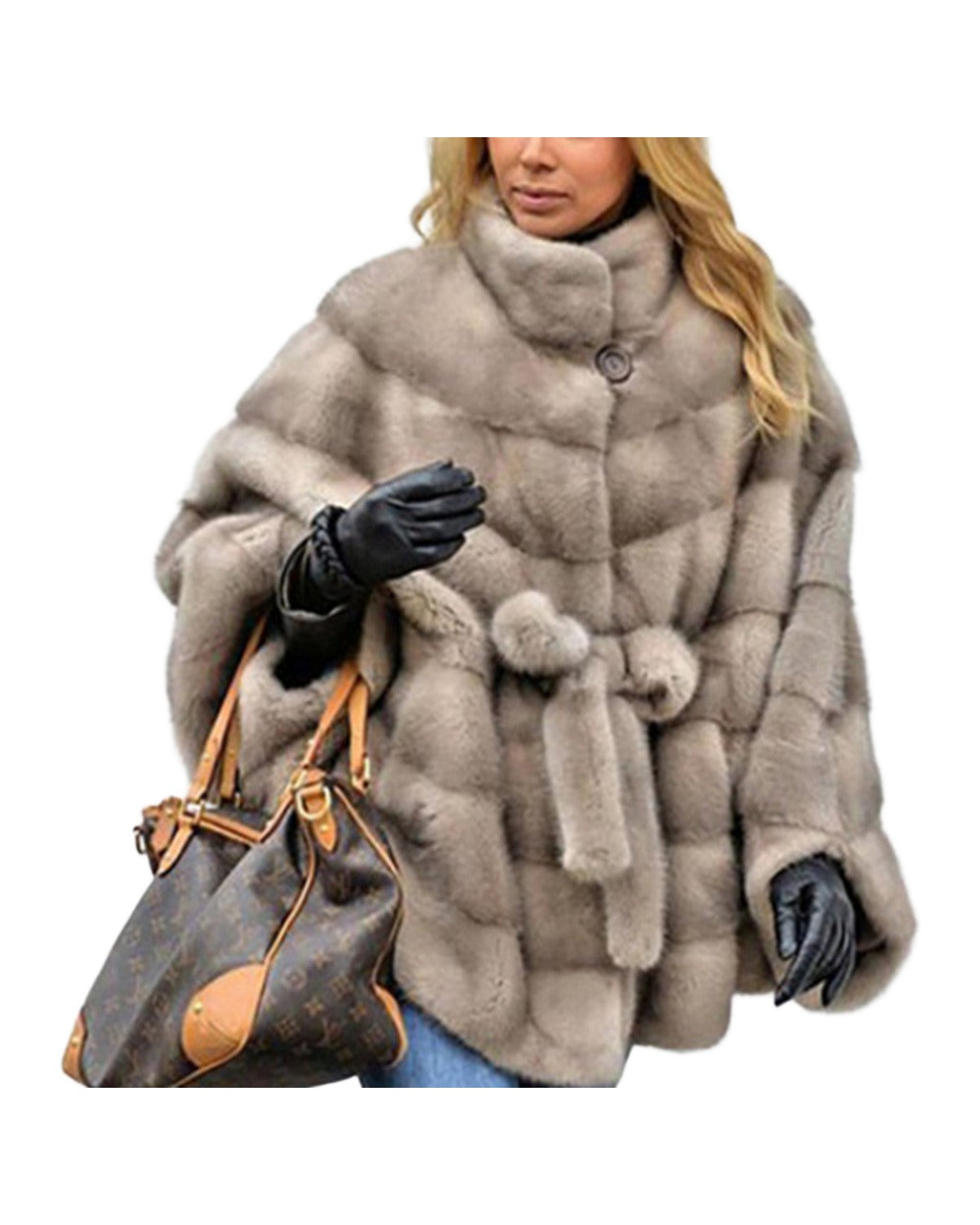 Solid Faux Fur Jacket Stand Collar Loose Belt photo 3