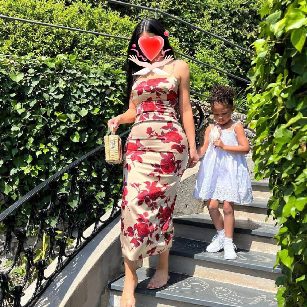 Rose Print Suspender Dress Cover