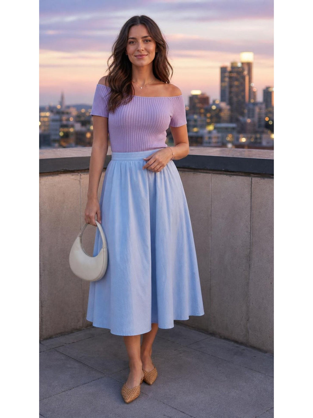 Off-shoulder Knitted Bottoming Shirt Top worn by a model