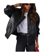 Leather Baseball Uniform Jacket Long-sleeved Motorcycle Coat photo 3