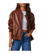 Leather Baseball Uniform Jacket Long-sleeved Motorcycle Coat photo 6