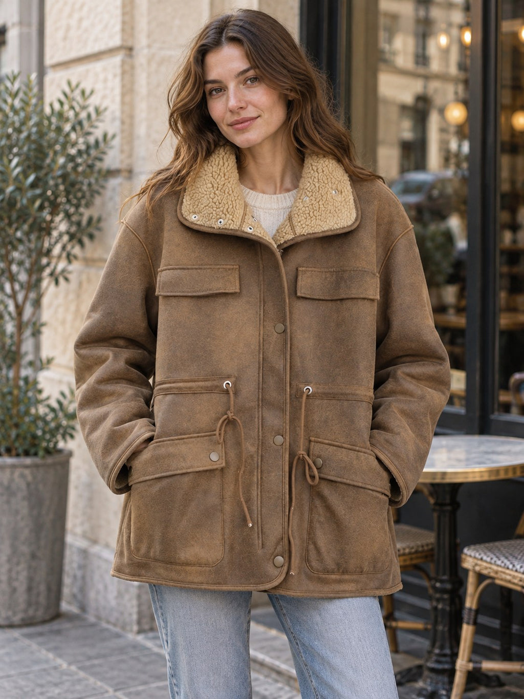 Motorcycle Clothing Suede Lamb Wool Reverse Coat styled on a model