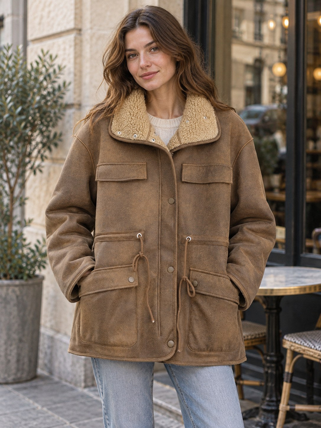 Motorcycle Clothing Suede Lamb Wool Reverse Coat styled on a model