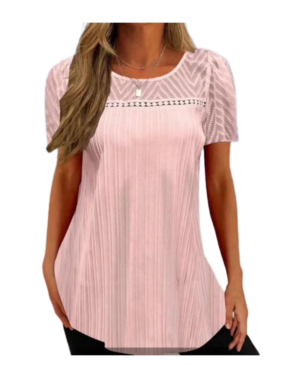 Pullover Round Neck Lace Patchwork Short-sleeved T-shirt photo 8