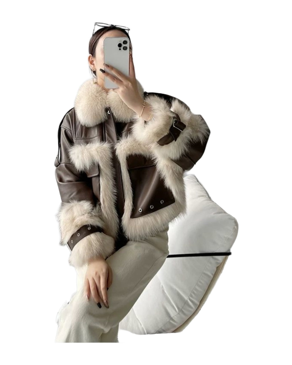 Sense Fox Fur Stitching Leather Coat photo 10
