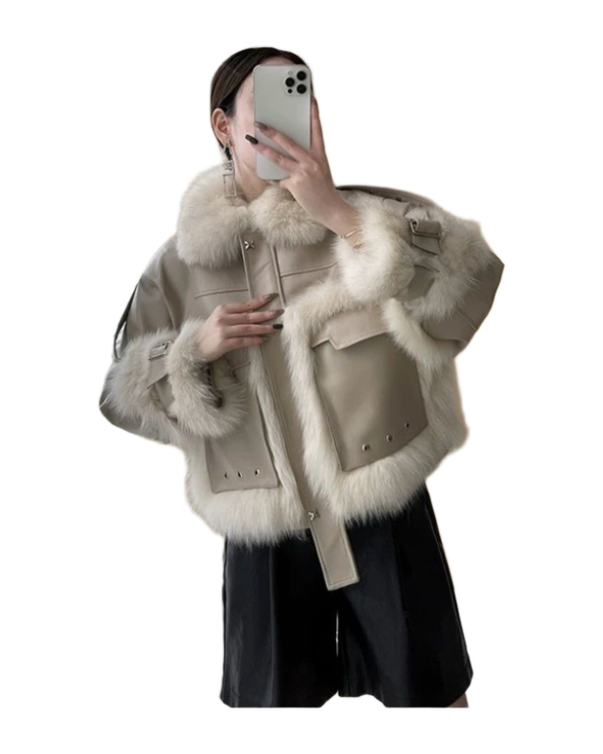 Sense Fox Fur Stitching Leather Coat photo 13