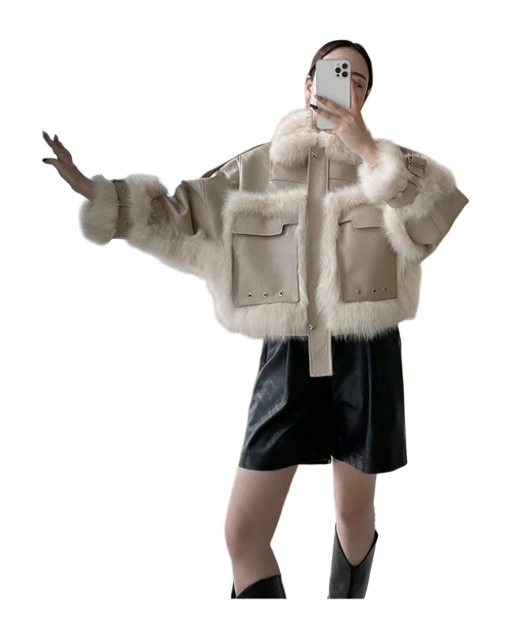 Sense Fox Fur Stitching Leather Coat photo 15
