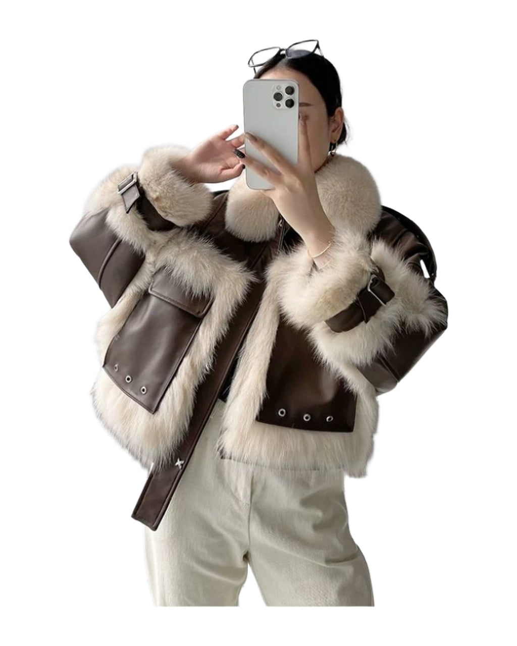 Sense Fox Fur Stitching Leather Coat photo 7