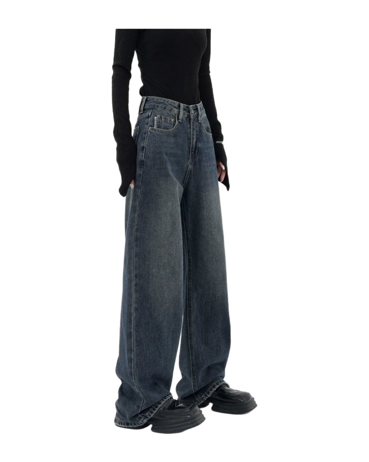 Retro Dark Blue Wide Leg Jeans Baggy Straight Trousers photo 16