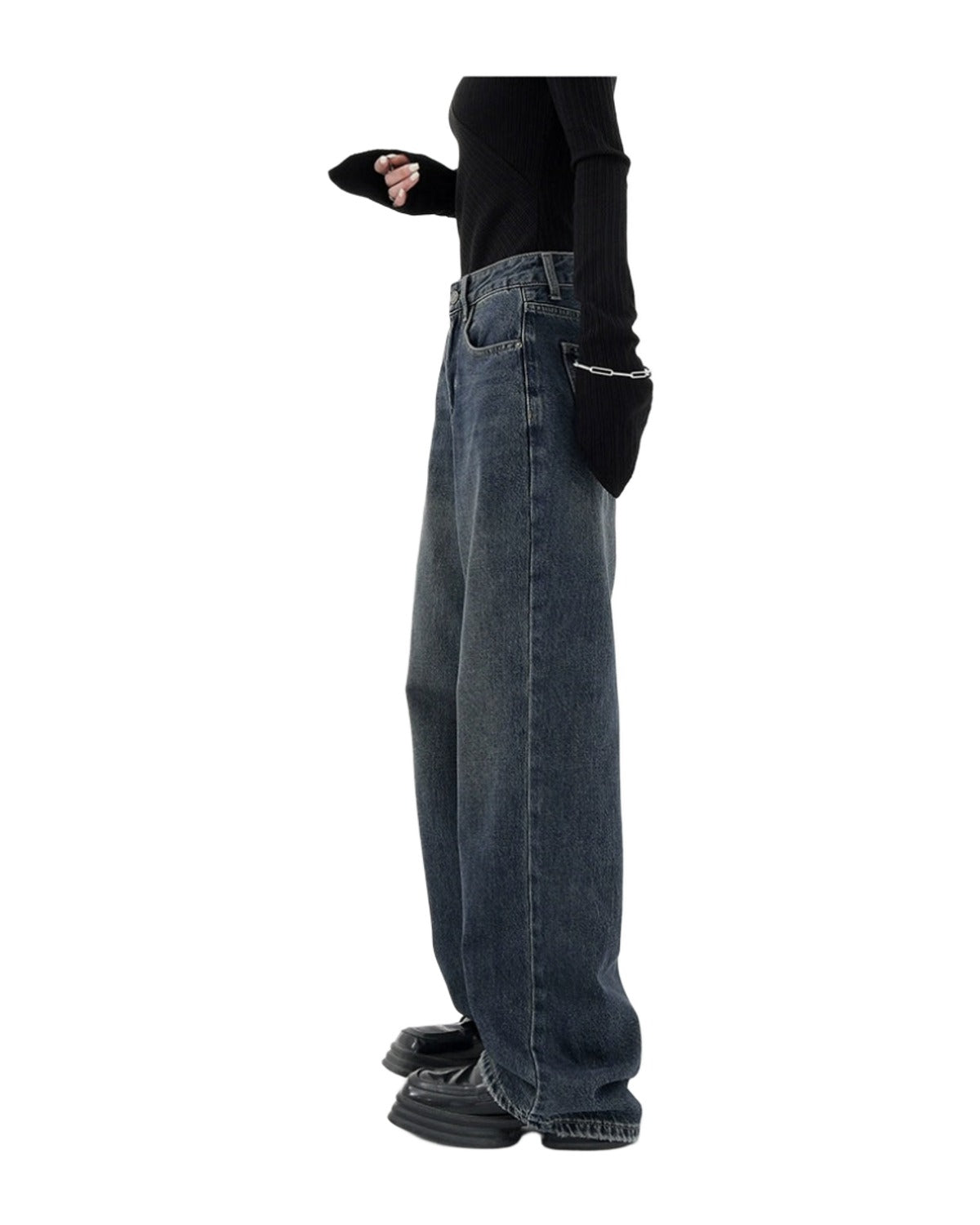 Retro Dark Blue Wide Leg Jeans Baggy Straight Trousers photo 17