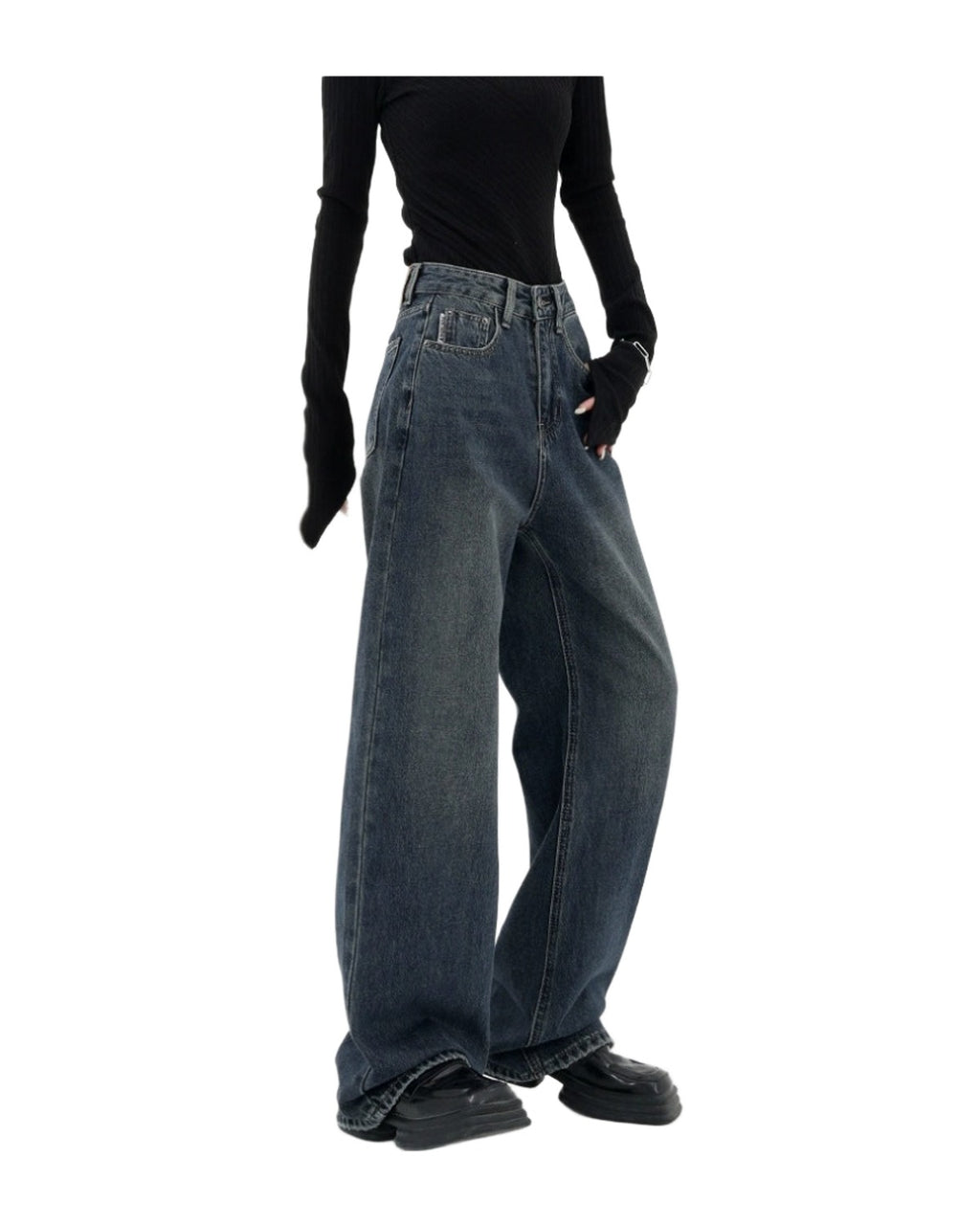 Retro Dark Blue Wide Leg Jeans Baggy Straight Trousers photo 18