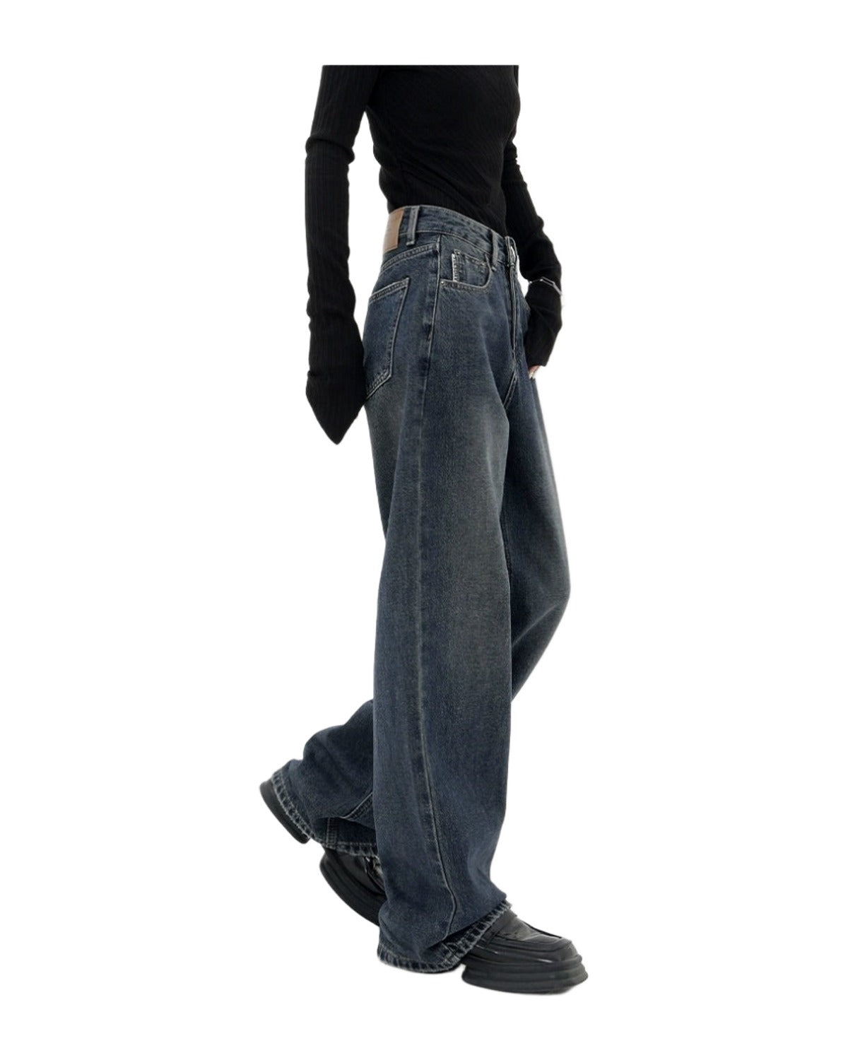Retro Dark Blue Wide Leg Jeans Baggy Straight Trousers photo 3