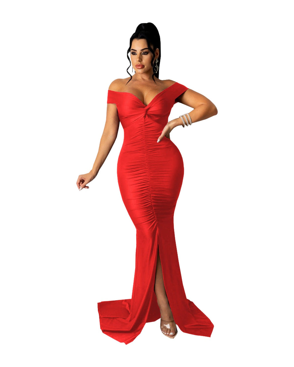 Large V-neck Micro-wrinkle Tight Dress photo 8