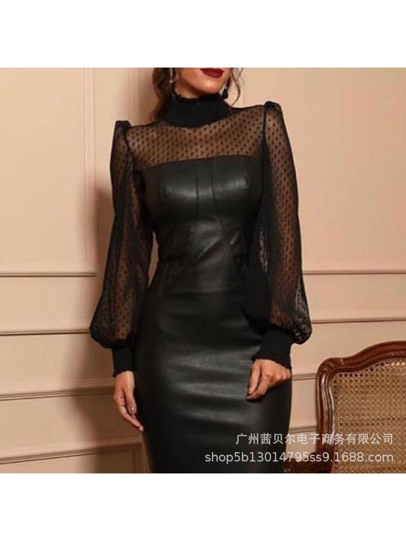 Black Mesh Stitching Tight Leather Skirt