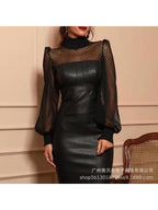 Black Mesh Stitching Tight Leather Skirt