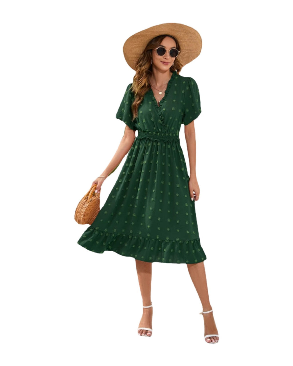 V-neck High Waist Tied Dress Fur Ball Short Sleeve photo 2