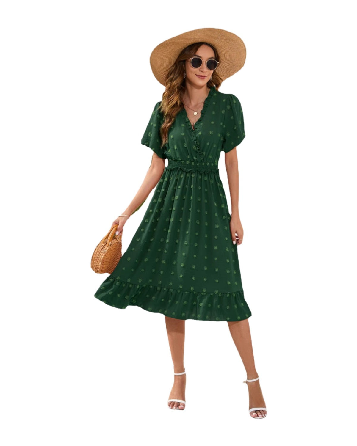 V-neck High Waist Tied Dress Fur Ball Short Sleeve photo 2