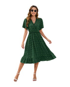 V-neck High Waist Tied Dress Fur Ball Short Sleeve photo 3