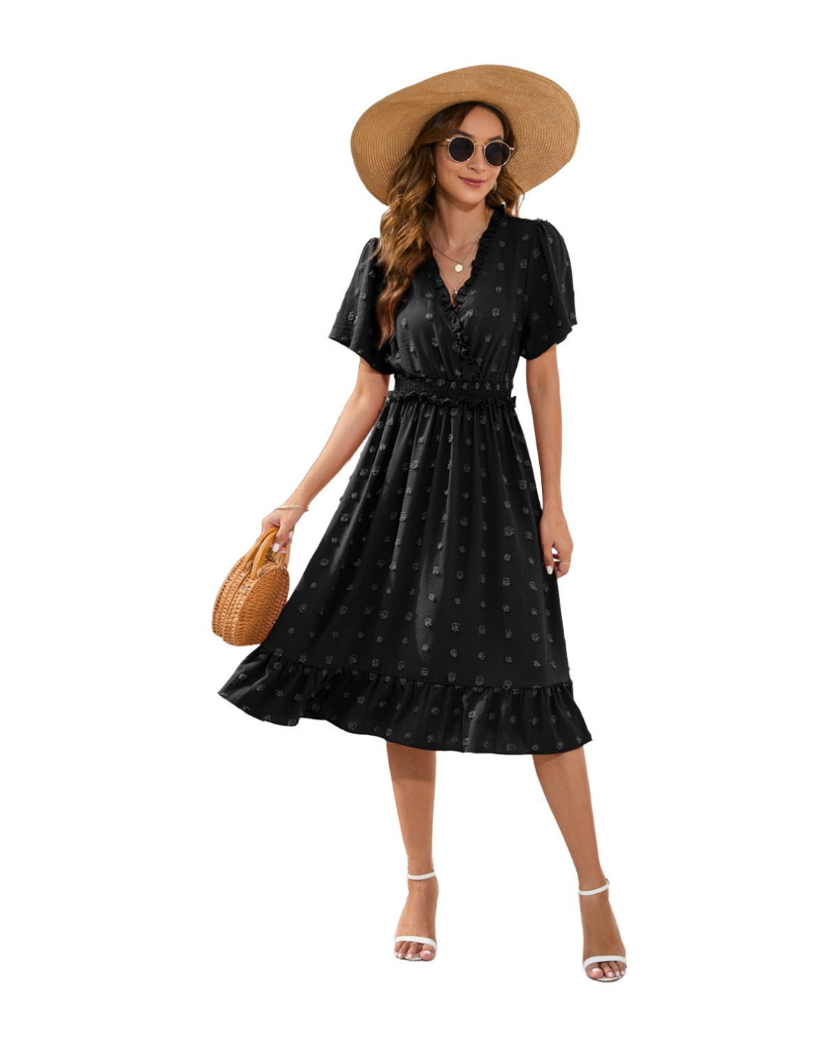 V-neck High Waist Tied Dress Fur Ball Short Sleeve photo 5