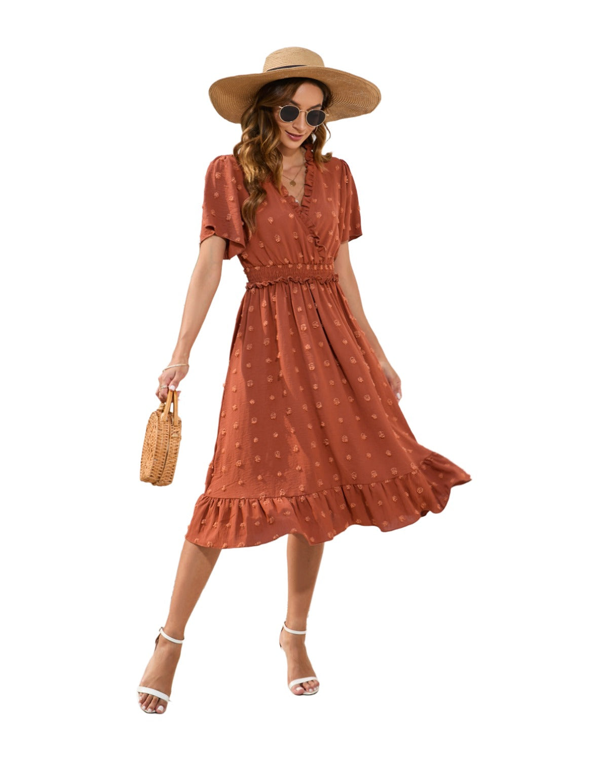 V-neck High Waist Tied Dress Fur Ball Short Sleeve photo 7