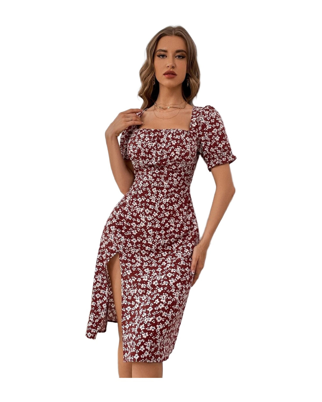 Summer Slit Square Collar Petal Sleeve Floral Dress photo 5
