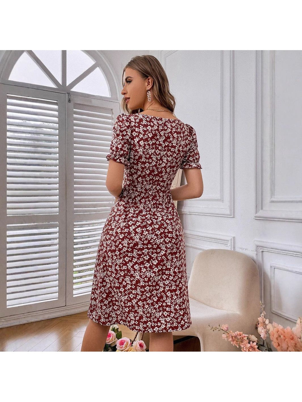 Summer Slit Square Collar Petal Sleeve Floral Dress