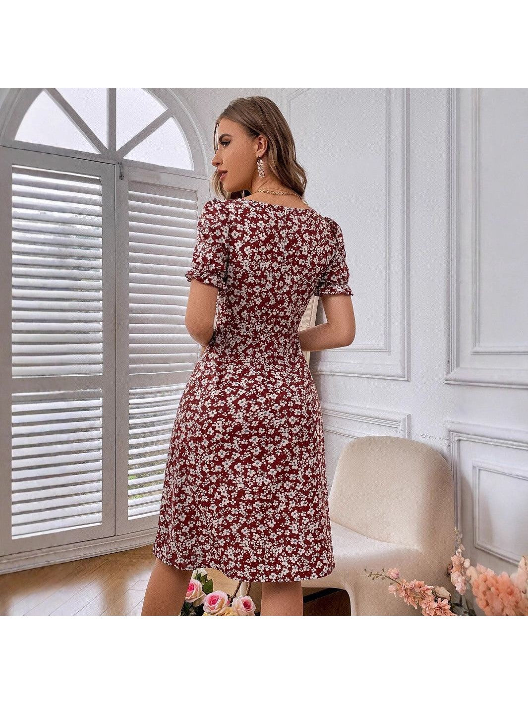 Summer Slit Square Collar Petal Sleeve Floral Dress