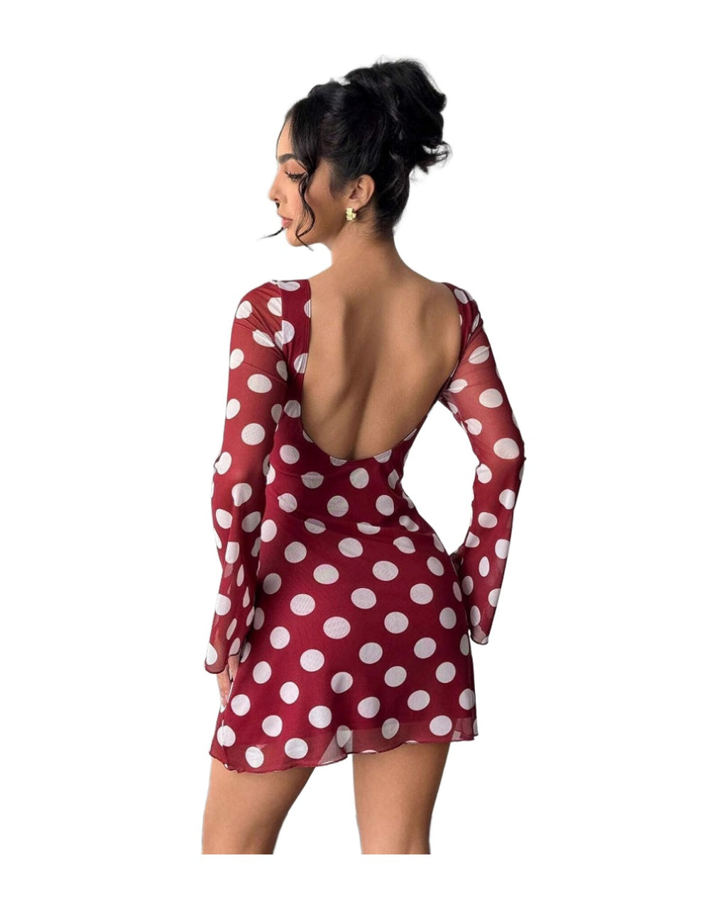Polka Dot Backless Mesh Flare Sleeve Mini Dress photo 2