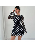 Polka Dot Backless Mesh Flare Sleeve Mini Dress
