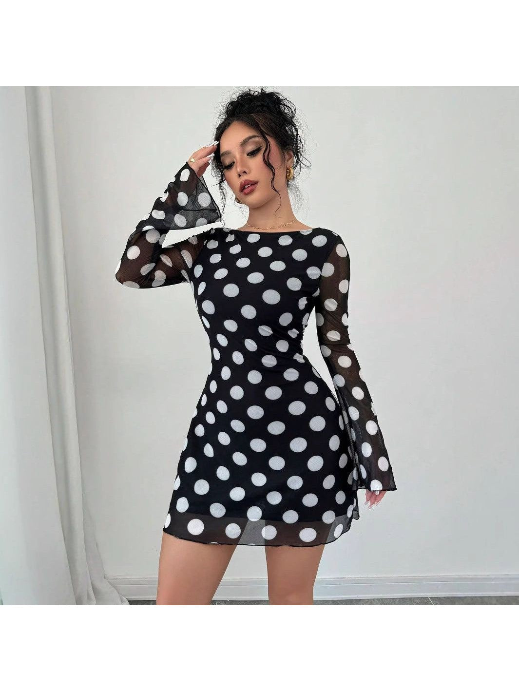 Polka Dot Backless Mesh Flare Sleeve Mini Dress