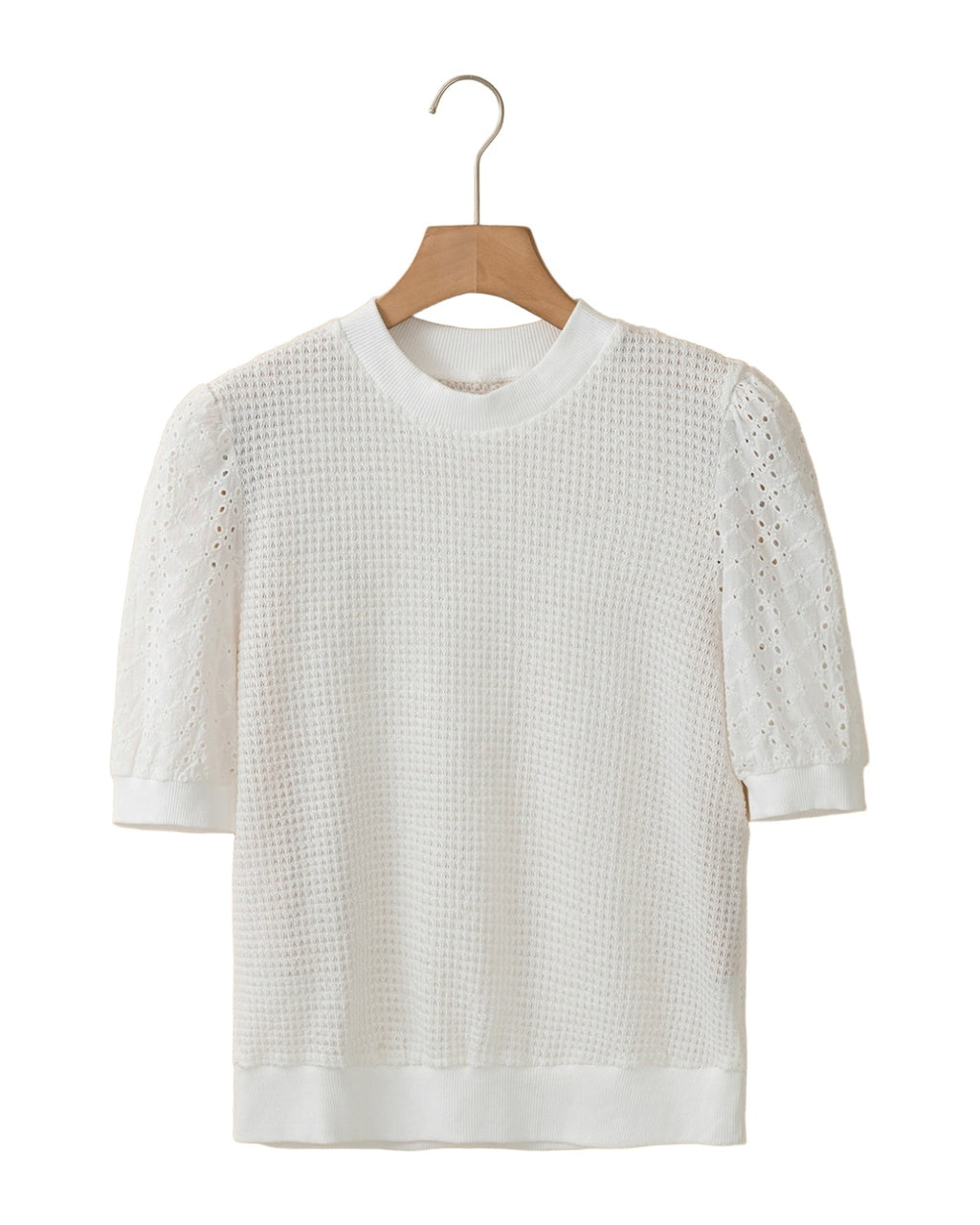 White Broderie Anglaise Puff Sleeve Waffle Knit Tee photo 2