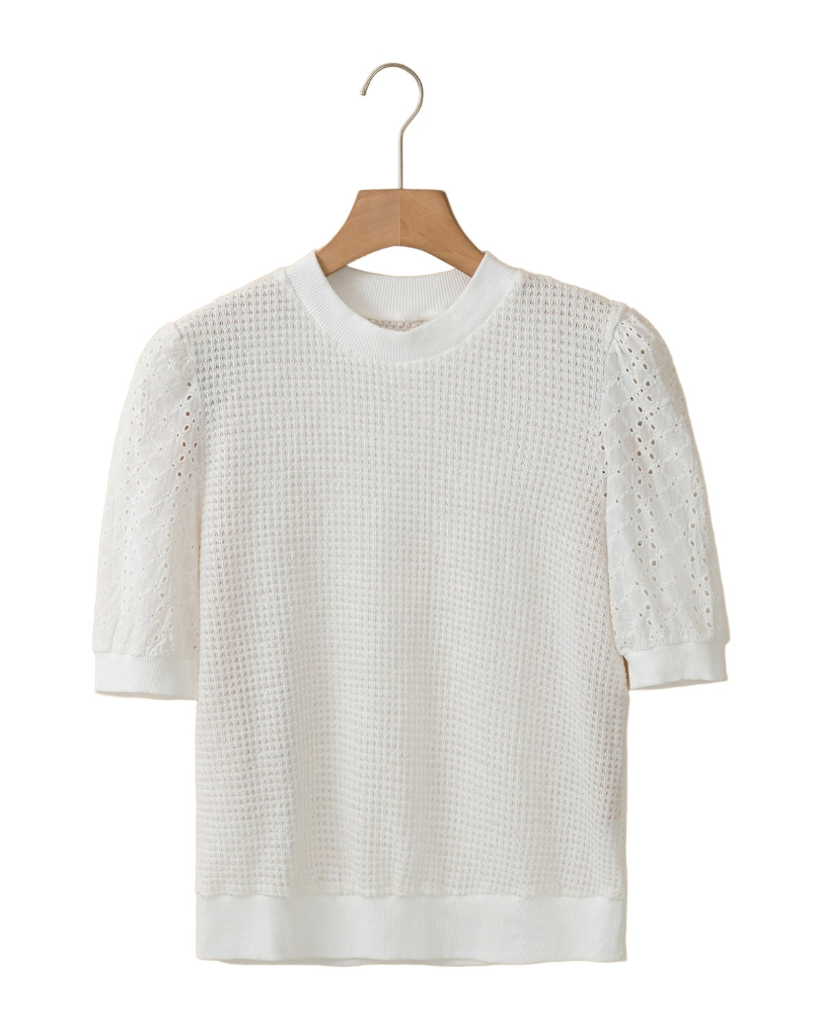 White Broderie Anglaise Puff Sleeve Waffle Knit Tee photo 2