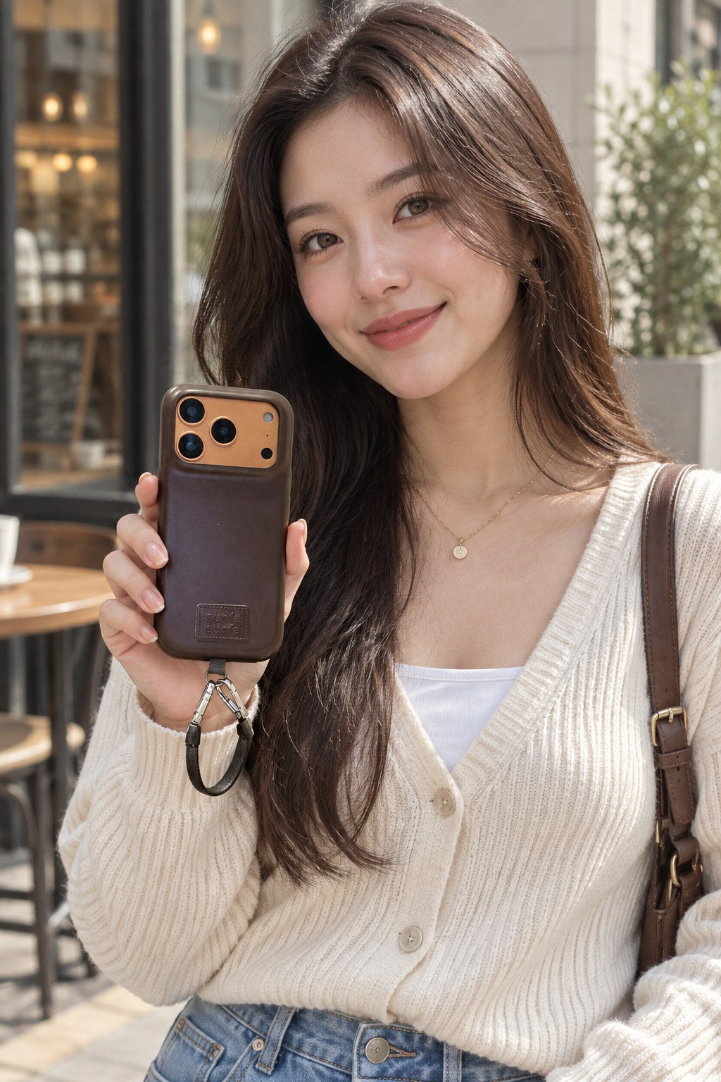 Leather Anti-fall Pure Bottom Pattern Phone Case styled on a model