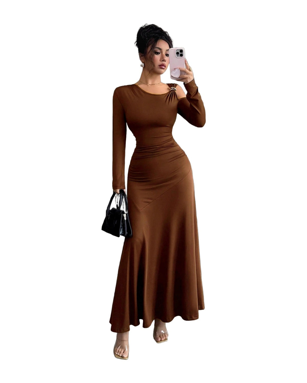 Solid-color Off-shoulder Long-sleeve Dress photo 3