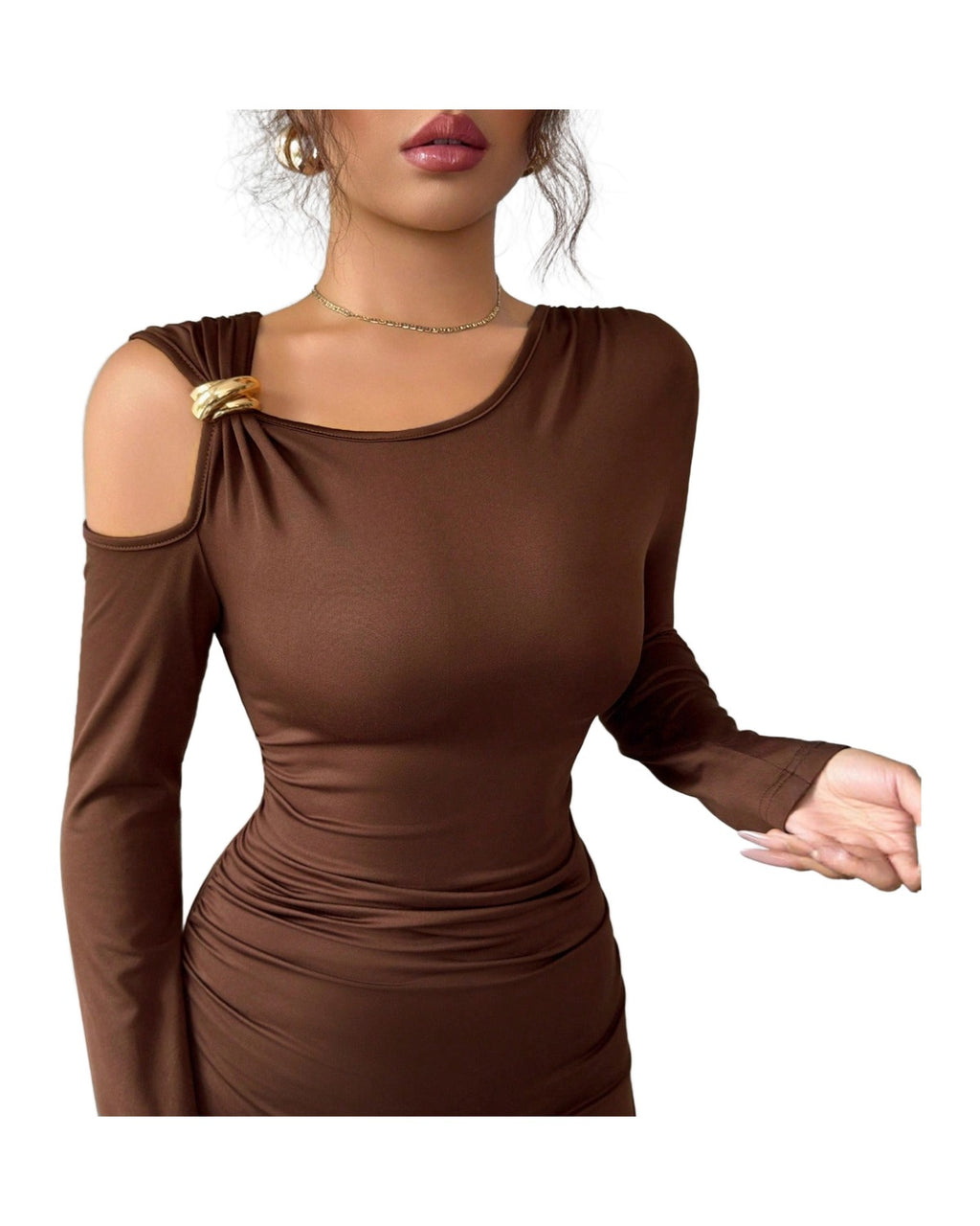 Solid-color Off-shoulder Long-sleeve Dress photo 5