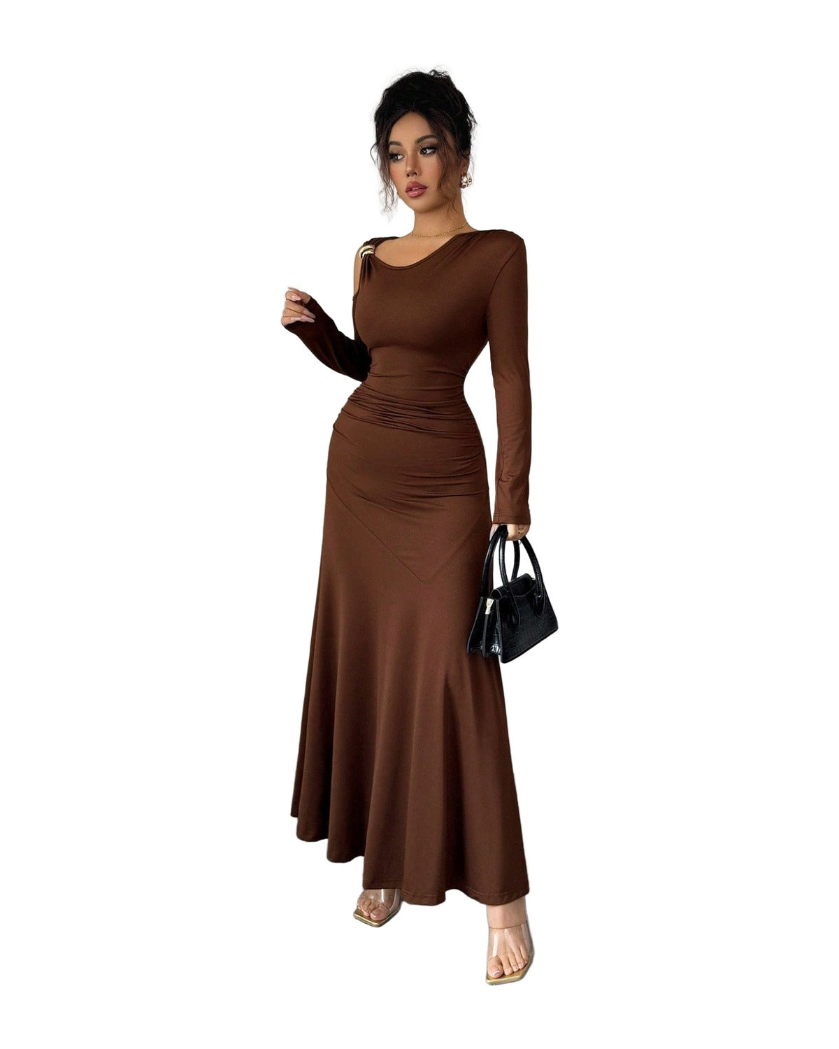 Solid-color Off-shoulder Long-sleeve Dress photo 6