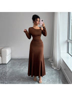 Solid-color Off-shoulder Long-sleeve Dress
