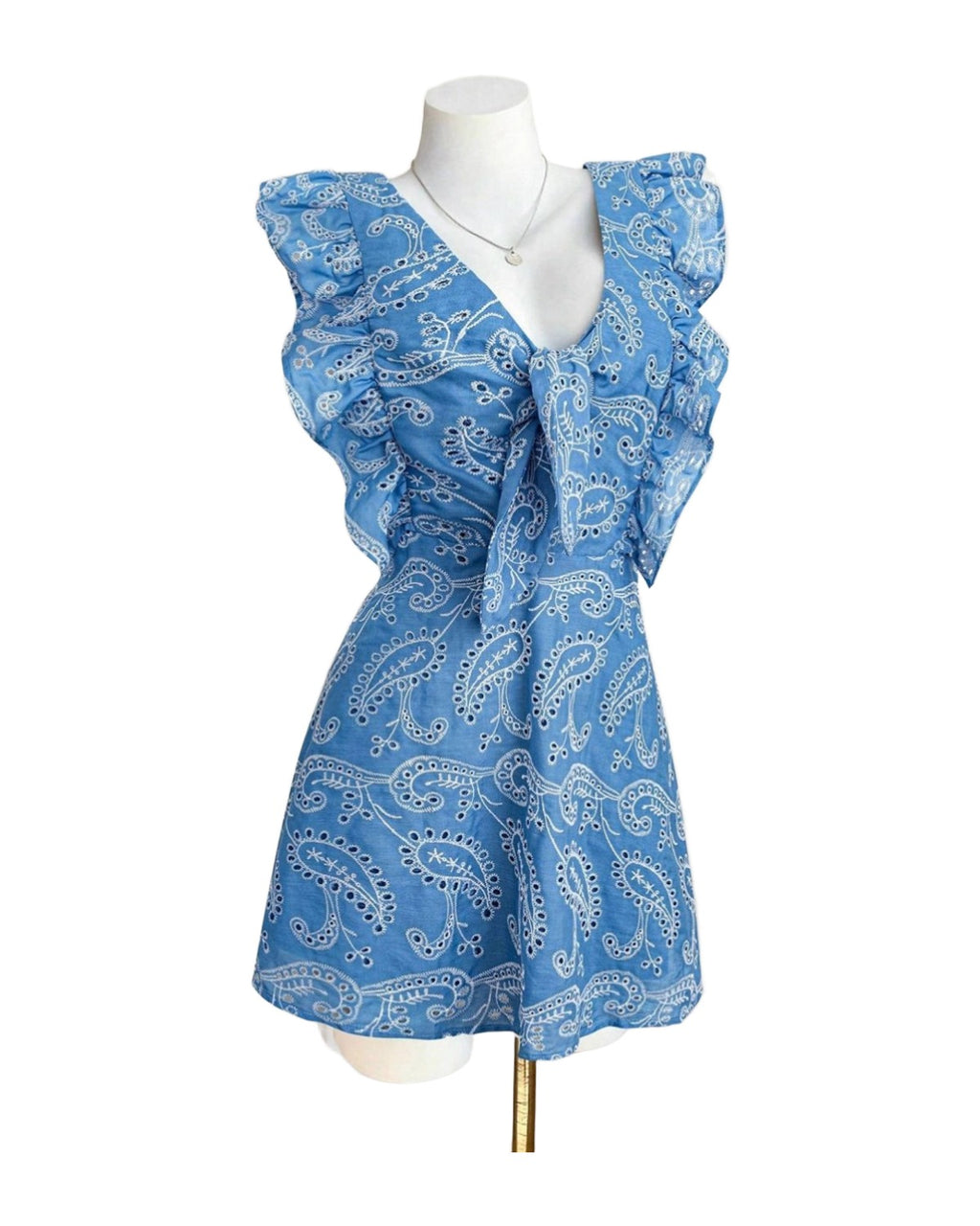Casual Blue V-neck Embroidered Lace Dress Vacation Leisure photo 5