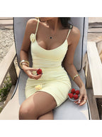 Knitted Strap Dress Floral Ruching Defined Waistline