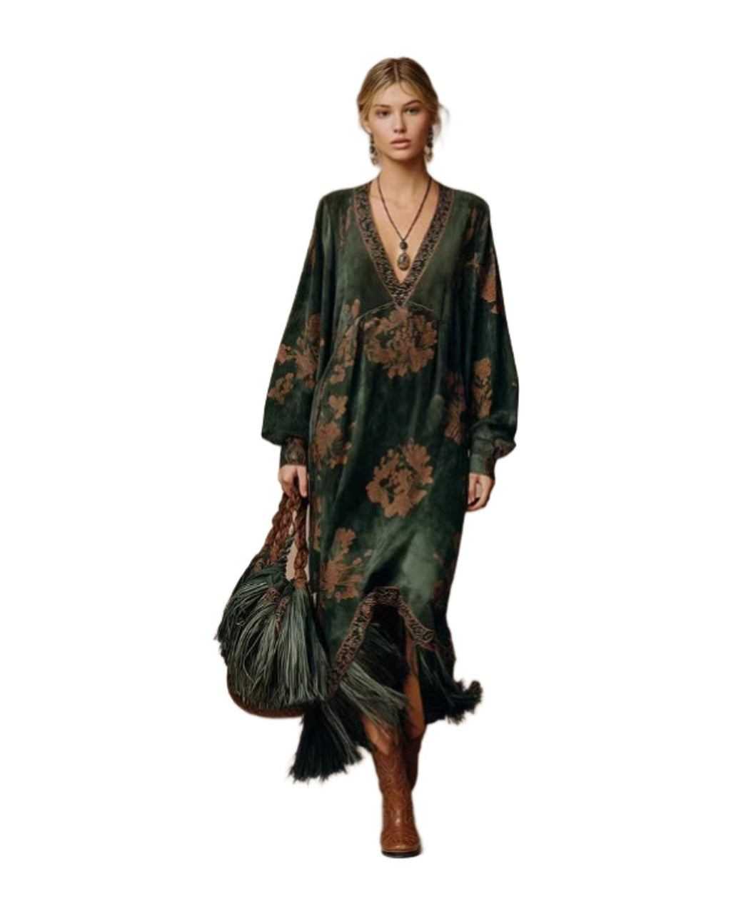 Retro Silhouette-printed Green Faux-suede Fringed Maxi Dress photo 1