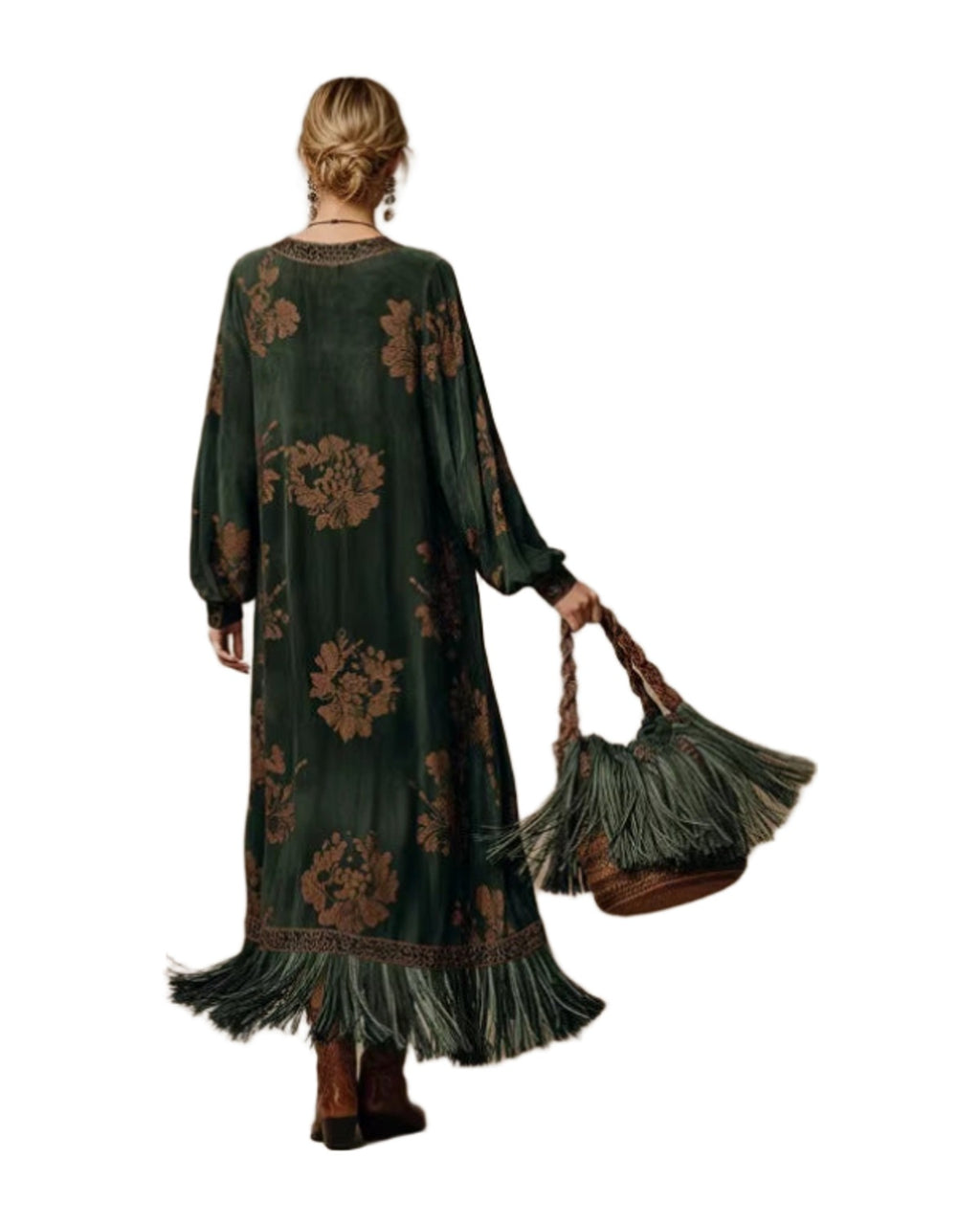 Retro Silhouette-printed Green Faux-suede Fringed Maxi Dress photo 2