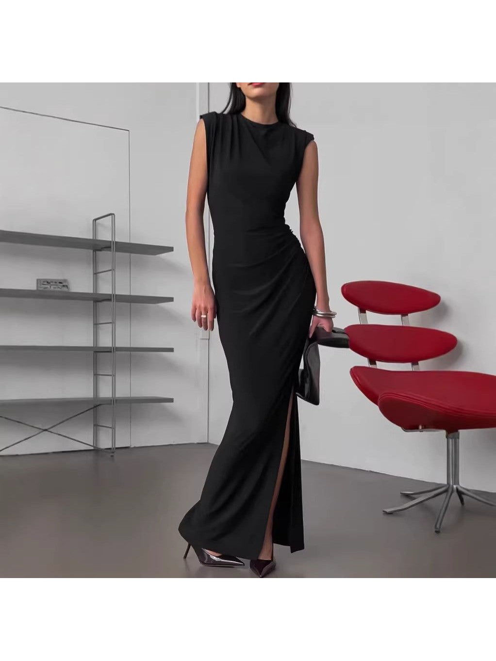 Spring Designer Crew-neck Defined-waist Dress