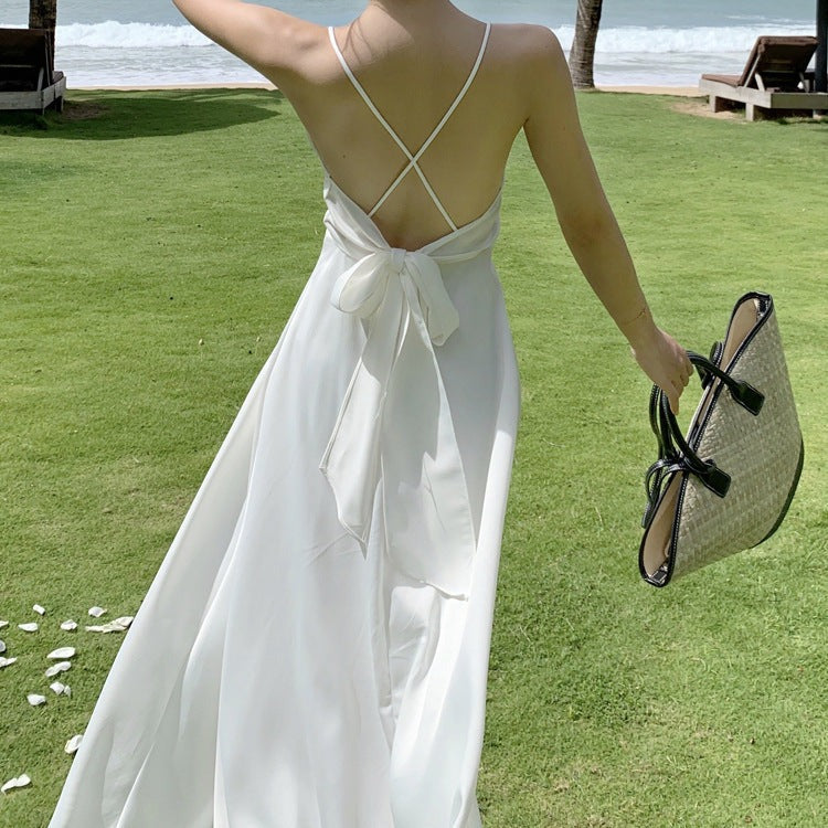 Satin Bowknot Dress Solid Color