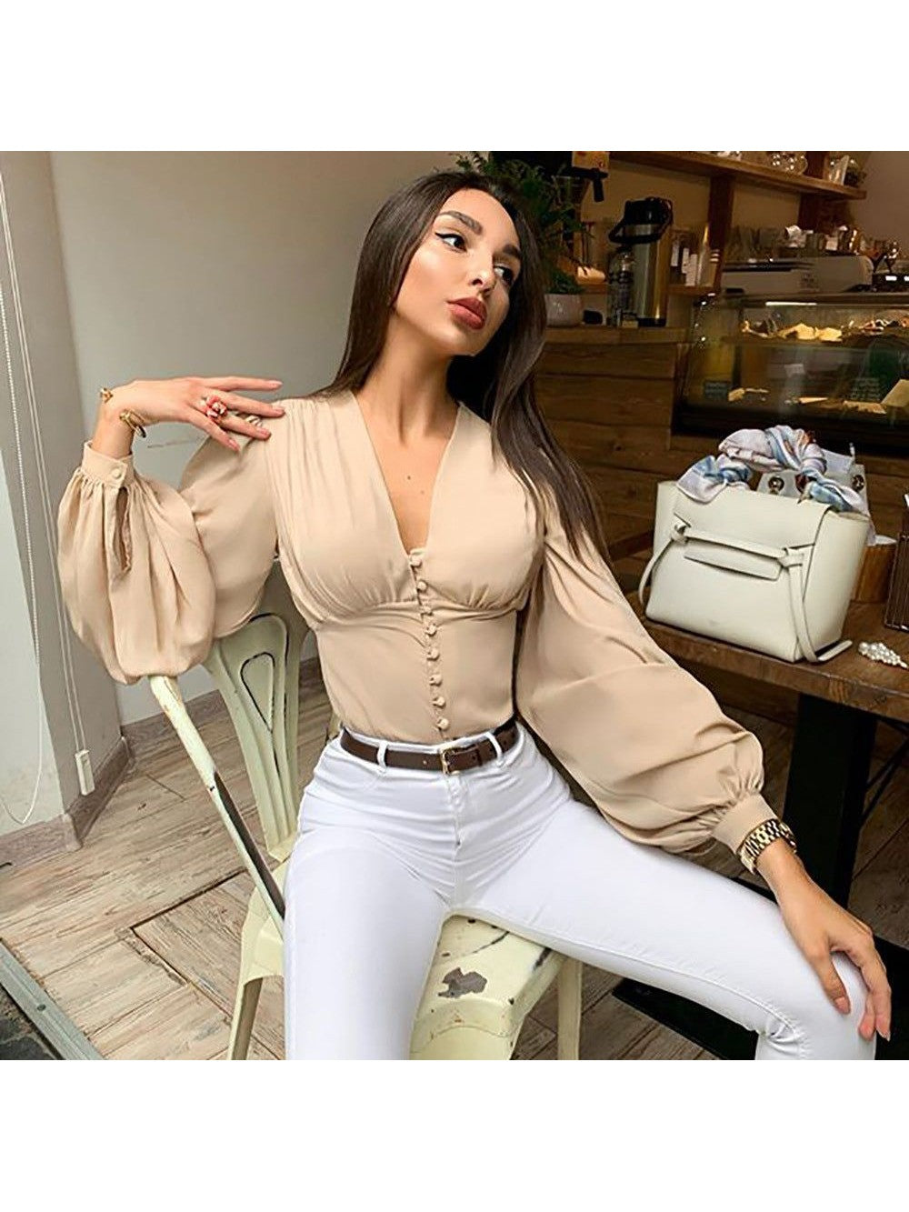 V-neck Button Long Sleeves