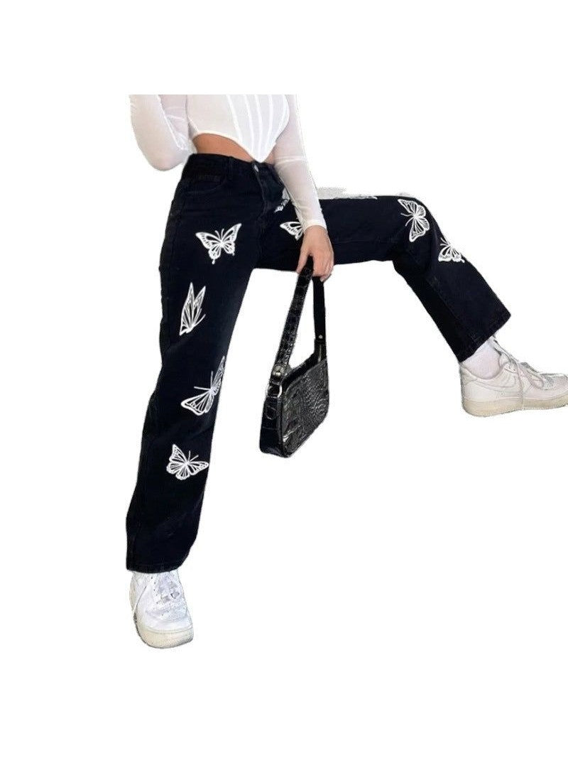Butterfly Print High-waisted Straight-leg Jeans