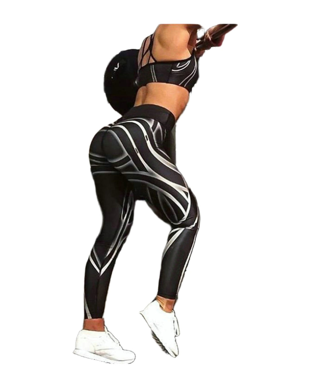 Black White Striped Printed Yoga Pants photo 3