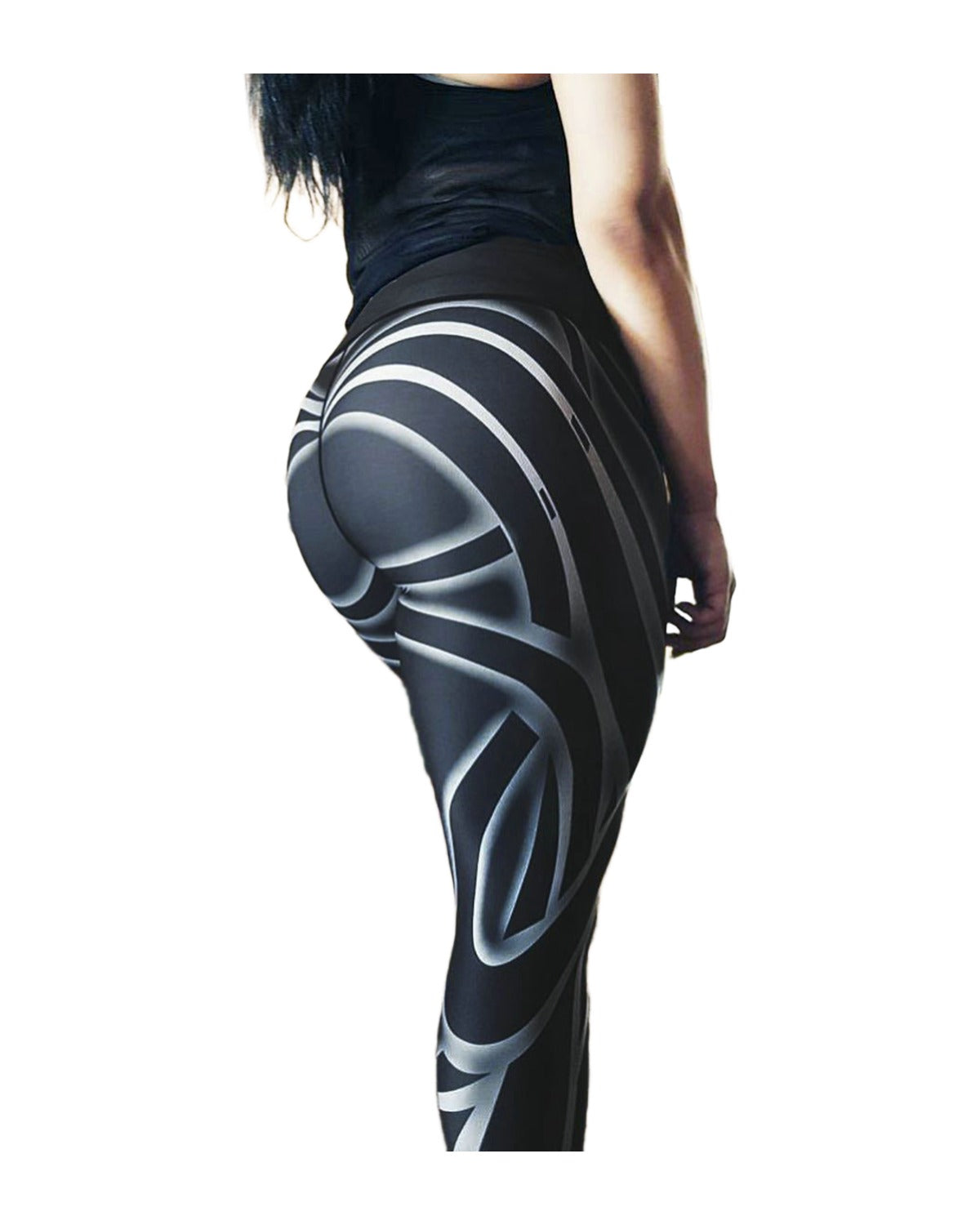 Black White Striped Printed Yoga Pants photo 4